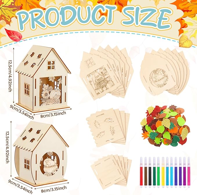12 Sets Thanksgiving Wooden Houses Craft Harvest Graffiti Turkey House Pumpkin Maple Leave DIY Table Decor 12 DIY Unfinished Craft Kit 12 Watercolor Pens 100 Foam Stickers