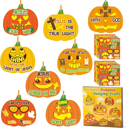 B1ykin Fall Pumpkin Craft Kit - 40Pcs Christian Fall Jesus Pumpkin Cross Hanging Ornaments with Ribbons, DIY Thanksgiving Religious Faith Crafts for Kids Sunday School Party Home Activities