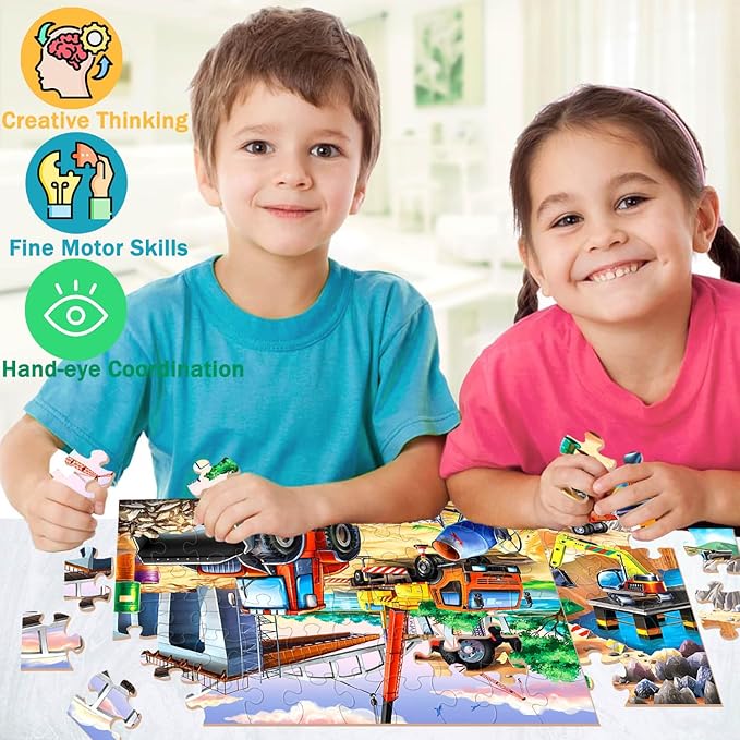Puzzles for Kids Ages 4-6 – 2x60 Pieces Jigsaw Puzzles for Toddlers 3-5,6-8,Fun Bulldozer & Truck Toys,2 in 1 Pack Educational Construction Site Games for Boy & Girl