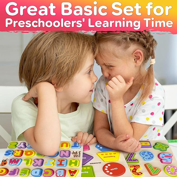 QUOKKA Wooden Puzzles for Toddlers 2-4 - Chunky Toddler Puzzles Ages 3-5 - Learning Travel Game with Numbers Alphabet Shapes - Wood Educational Gift for Boys and Girls