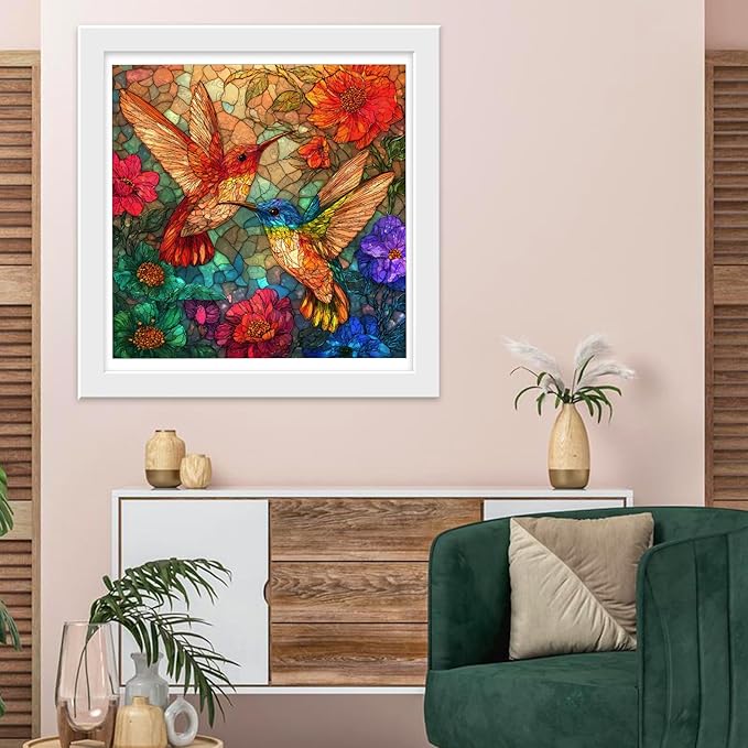 Wooden Puzzles for Adults 500 Pieces, Glass Hummingbird Jigsaw Puzzles, Unique Design Color Challenge Adult Puzzles for Family Brain Game Gift, Home Decor,15.9x15.9 inch