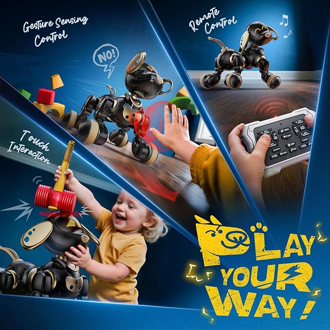 Ruko 18011 Robot Dog Toy, Smart Interactive Puppy with 30+ LED Faces, Remote & Gesture Control, Programmable Electronic Pet for Kids Ages 3–8, Black & Gold