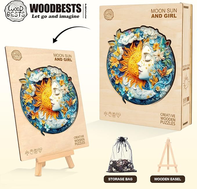 WOODBESTS Wooden Puzzles for Adults, Moon Sun & Girl Wood Puzzles Adult(100 Pieces, S, 8.5 * 8.5in), Unique Shape Wooden Animal Jigsaw Puzzles, Birthday Gifts for Adults Family Game