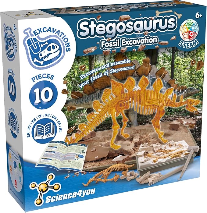 Science4you - Stegosaurus Fossil Digging Kit for Kids +6 - Excavate and Assemble 10 Stegosaurus Fossiles - Ideal Dinosaur Excavation Kit Toy, Archeology and Paleontology Sets for Kids Age 6+