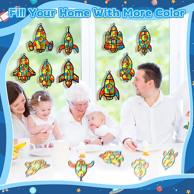 32 Sets Outer Space Rocket Suncatchers Craft Kit DIY Window Stained Glass Effect Space Theme Paper Crafts for Home School Classroom Decoration Kid Birthday Gifts Creative Art Projects Activity Game