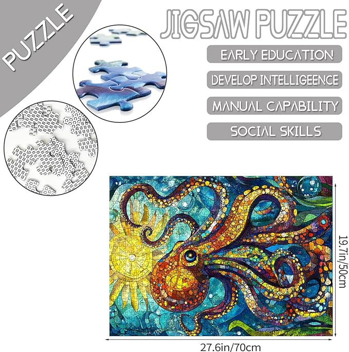 1000 Piece Jigsaw Puzzles for Adults, Stained Glass Octopus Jigsaw Puzzles，Colorful Stained Glass Sea World Octopus Puzzle，Challenging Family Activity Perfect for Game Nights，Puzzle as Wall Art Decor