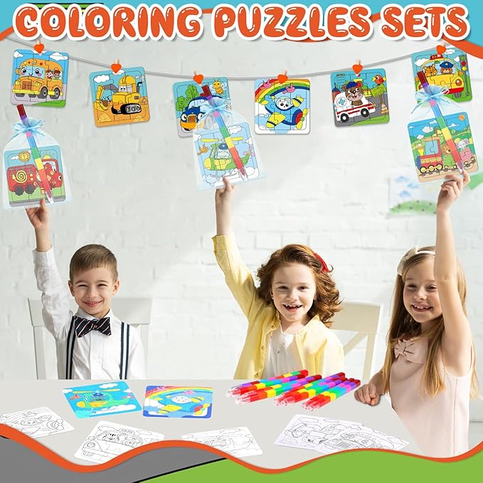 Fullhawl 12 Sets Transportation Puzzles Traffic Theme Color Your Own Puzzles DIY Construction Jigsaw Craft with 12 Stackable Crayons and 12 Bags for Construction Gifts Birthday Party Supplies(12, Car)