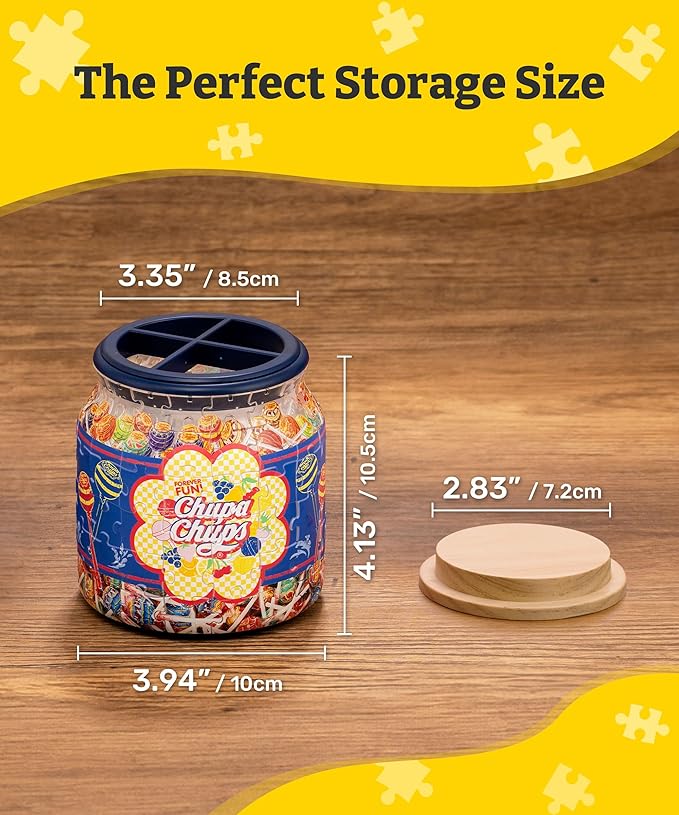 Chupa Chups X PieceRelax 3D Puzzle Jar 96 Plastic Pieces for Adults - Timeless Memories - Pop Energy M Use Includes Divider as Pen and Utensils Holder with Wooden Lid for Kitchen Dining Study [BB1043]