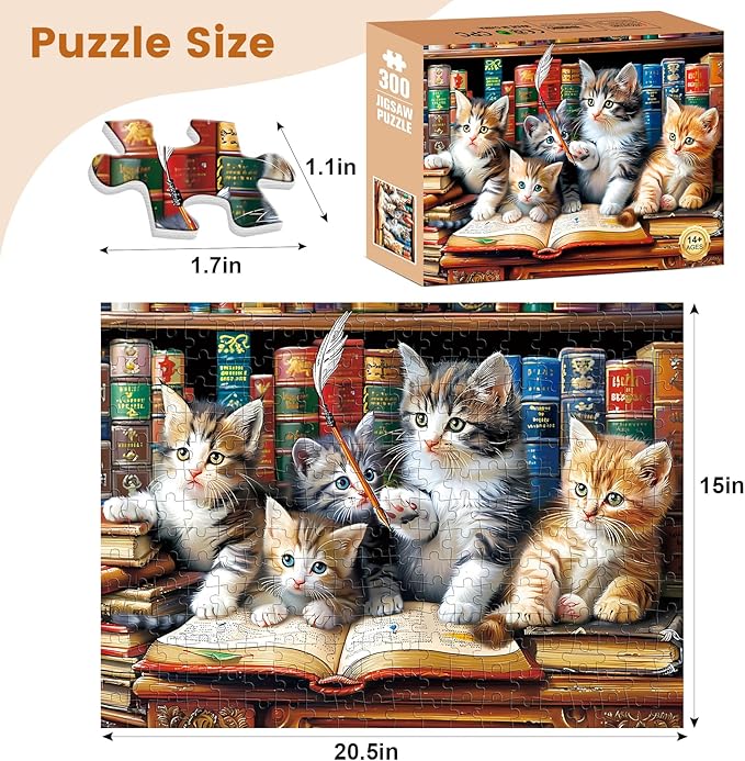 300 Piece Puzzle for Adults, Cats Library Jigsaw Puzzle, Funny Kitten Bookshelf Puzzles, Animal Pet Lover Challenging Puzzles for Friends Family Activity Game Nights Gifts, 20.5x15 in
