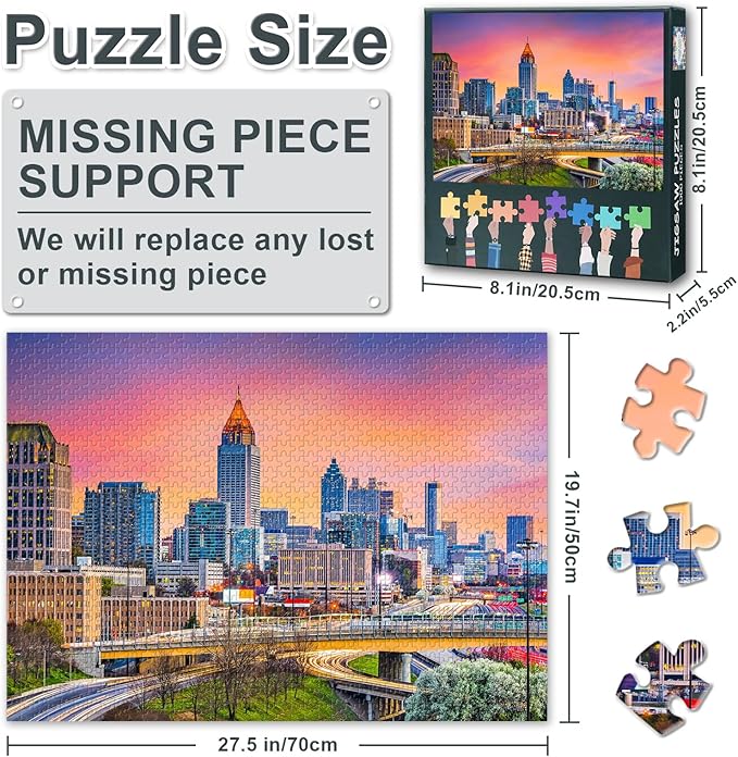 Puzzles for Adults 1000 Pieces Cityscape, Jigsaw Puzzles 1000 Pieces Atlanta, Georgia Skyline, Challenging Puzzle Games for Women Home Decoration Gift Size 19.7x27.5 inches