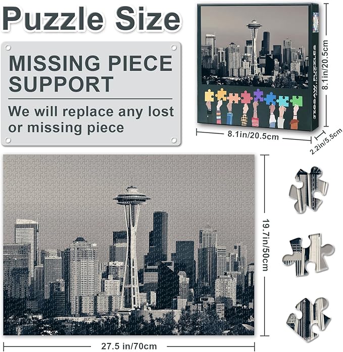 Jigsaw Puzzles City Seattle Skyline - 1000 Piece Puzzle for Adults, Washington Cityscape Difficult Challenging Puzzles for Adults (27.5"x19.7"), Family Game Night Gift & Home Decor