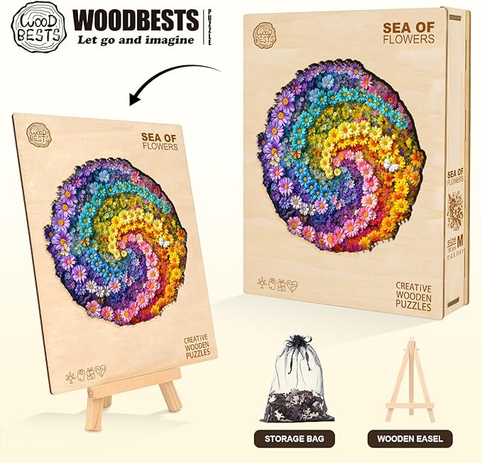 WOODBESTS Wooden Puzzles for Adults-Sea of Flowers, 255 Pieces Wood Puzzle (L-13.4 * 13.4in), Premium Art Shape Wooden Animal Jigsaw Puzzles, for Men/Women & Family Game Night