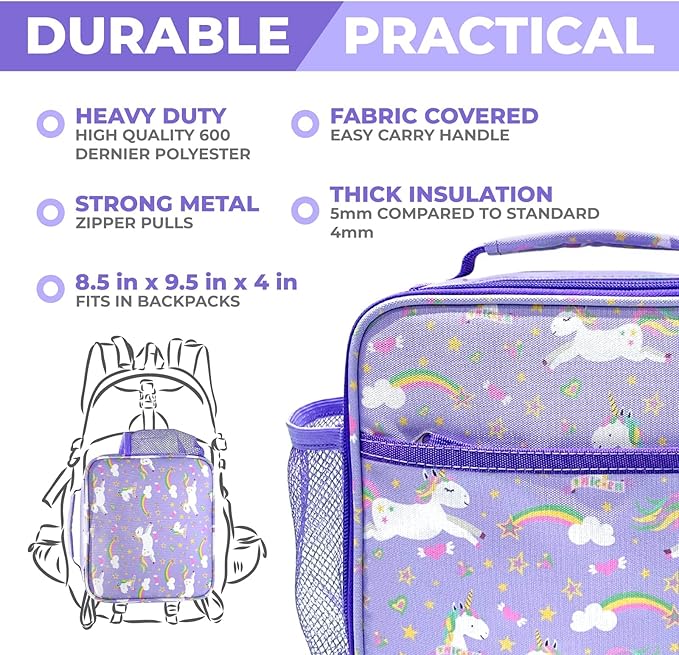 Bento Box with Stainless Steel Thermo, Insulated Lunch Bag, Ice Pack Set for Kids - 5 Compartments, Lunches or Snack Container for Girls, Toddlers Daycare Pre-School, Kindergarten Purple Unicorn