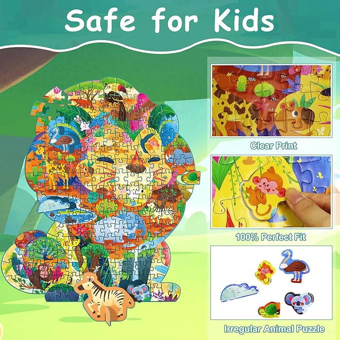 Animal Puzzles for Kids Ages 6-8 200 Piece Lion Jigsaw Puzzles Unique Animal Shape Floor Puzzle Ages 8-10 Learning Educational Toys Birthday Gift for Boys Girls Ages 10-12