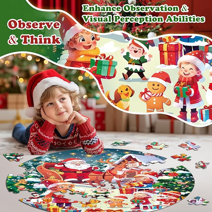 72 Pieces Shimmery Jumbo Christmas Floor Puzzle for Girls 3-5 4-6 Age Floor Puzzles for Boys and Girls Large Round Floor Jigsaw Puzzles (Christmas)