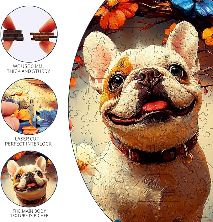 Wooden Jigsaw Puzzle, 200-500 Pieces Unique Shape Animal Puzzle, for Adults & Kids, Birthday Gift Family Game, Decorative Puzzle, Unique Gift (Blooming Bulldog, 200 PCS)