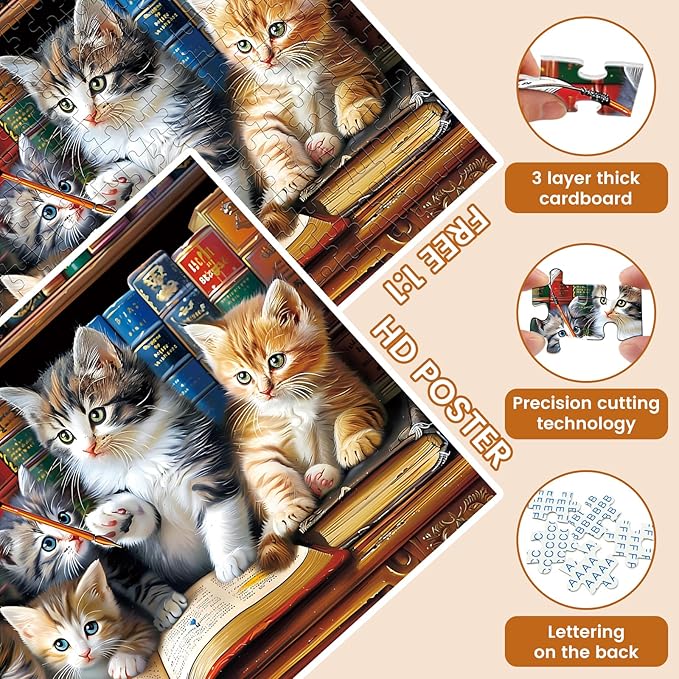 300 Piece Puzzle for Adults, Cats Library Jigsaw Puzzle, Funny Kitten Bookshelf Puzzles, Animal Pet Lover Challenging Puzzles for Friends Family Activity Game Nights Gifts, 20.5x15 in