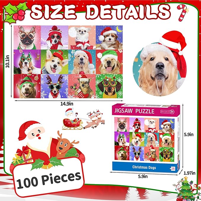 Puzzles for Kids Ages 4-6 6-8 8-10, Christmas Dogs 100 Piece Puzzles for Kids, Christmas Puzzle Jigsaw Puzzles for Adults Kids Puzzles 4-6 5-8, Xmas Gifts Christmas Stocking Stuffers for Boys Girls