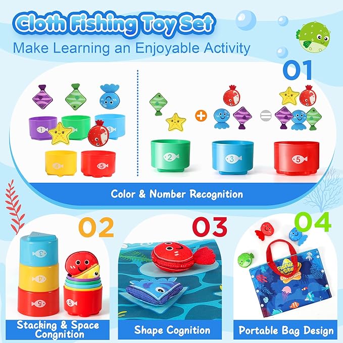 Montessori Toys for 1 Year Old - 17 in 1 Cloth Toddler Fishing Game with Stacking Cups Color Sorting, Baby Toy 12-18 Months One Year Old Boy Birthday Gift, Toddler Toys for 1 2 Year Old Boy Girl Gifts