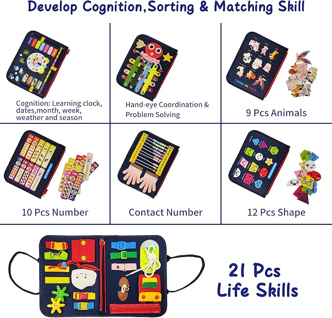 Montessori Busy Board for Boys 1 2 3 4 Year, Sensory Toys for Toddlers 1-4, Ideal for Travel and Preschool - ABCs, 123s, Shapes, Colors, Animals, Weather, Birthday Gifts