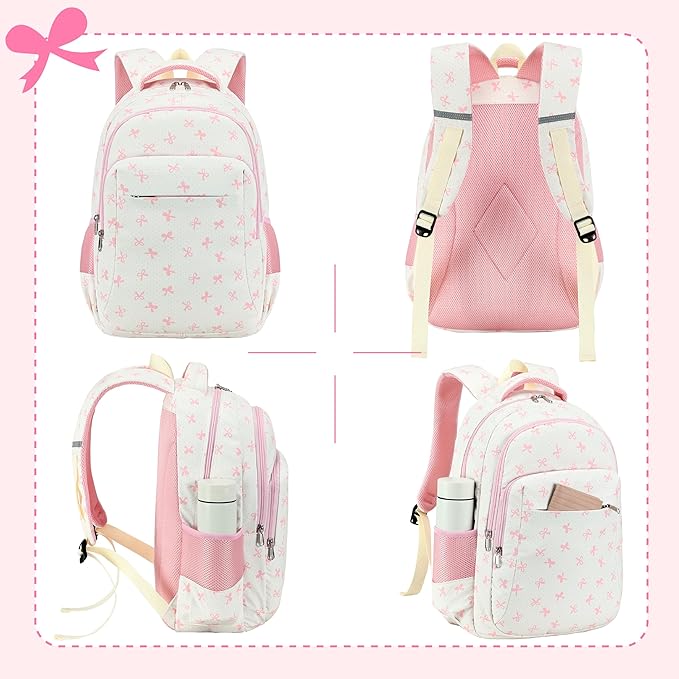 LEDAOU School Backpack for Girls Kids Bookbag Elementary Middle School Bag for 8-14 (Pink Bow)