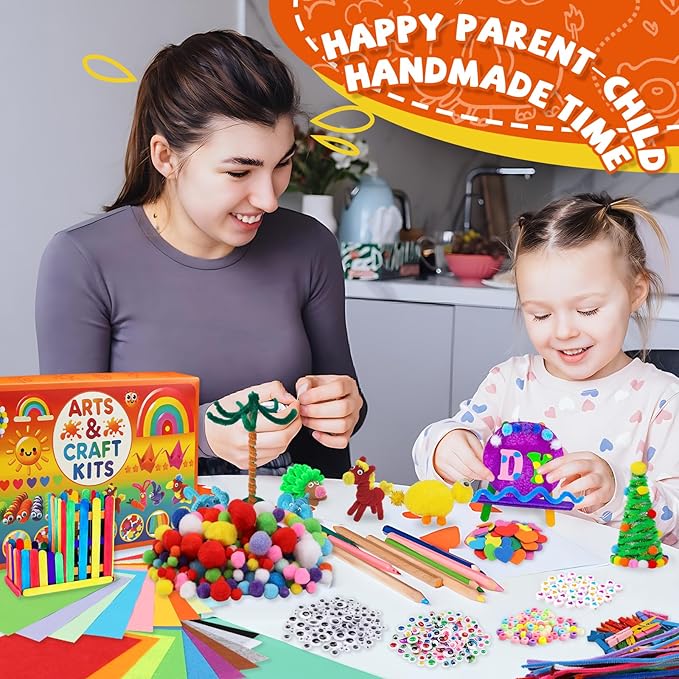 DOITEM Pipe Cleaners Craft Supplies, 2000Pcs Arts and Crafts Supplies Including Pipe Cleaner Wiggle Googly Eyes Pom Poms Feathers Sticks Sequins Foam Flowers Papers Felt Stickers Over 8 Years Old