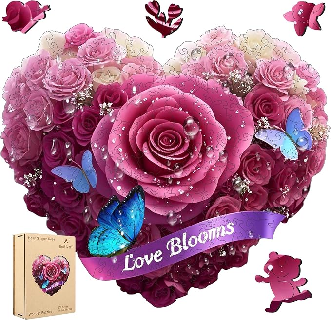 Ruikiyart Wooden Puzzles for Adults,Heart Flower Puzzles 200 Pieces,Unique Shaped Jigsaw Puzzles,Christmas Birthday Gifts for Mom Adults and Kids,Extra Thick 5MM,Fun Challenging,11.3 * 9.8 in