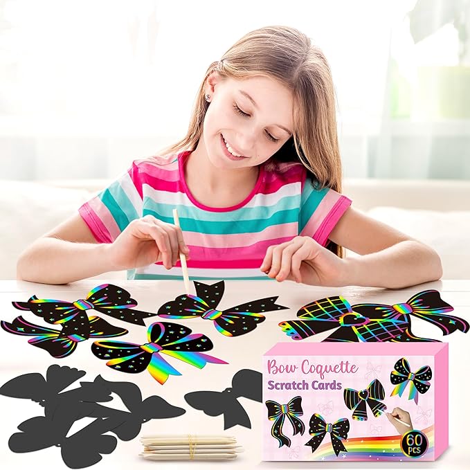 CY2SIDE Coquette Bow Scratch Cards - 60PCS DIY Bow Scratch Paper Craft for Kid, Funny Girl Coquette Knot Color Scrape Art Card, Magic Arty Rainbow Color Craft Ornament for School Classroom Art Project