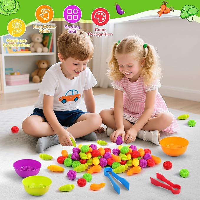 USATDD Counting Vegetables Color Sorting Matching Games with Bowls Preschool Learning Activities for Educational Sensory Montessori STEM Toy Sets Gift for Toddlers Kids Boys Girls Aged 3-5