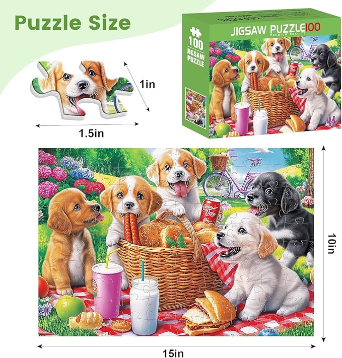 100 Piece Dog Puzzles for Kids Ages 6-8 8-10 - Picnic Puppy Jigsaw Puzzles - 100 Piece Senior Jigsaw Puzzle for Toddlers Kids Puzzles Ages 3-5 Toys Birthday Gifts for Boys Girls Adults-15 x 19 in