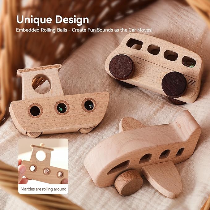 WOODEN TEETHER 3pcs Wooden Cars for Toddlers 1-3 Years Car Toys for Babies Wooden Baby Toys Include Car Boat Airplane，Ideal Gift for Girls and Boys