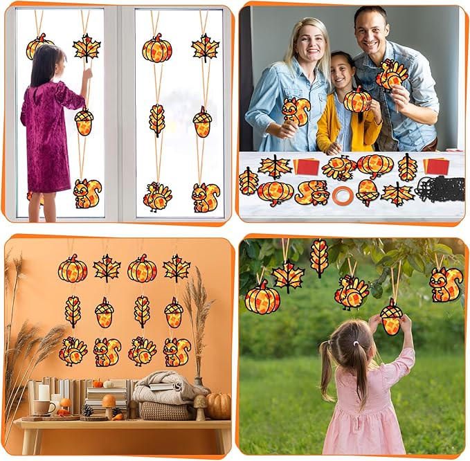 Qyeahkj 36 Set Fall Suncatchers Crafts for Kids DIY Autumn Leaf Pumpkin Acorn Squirrel Window Tissue Paper Craft Kit Hanging Decor for Classroom Home Activity Art Project Birthday Party Favor Gift