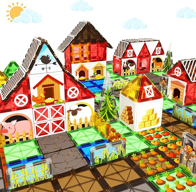 Magnetic Tiles Farm Animal Toys Set for Toddles Kids, Montessori STEM Toys for 3+ Year Old Boys Girls, Magnetic Building Blocks, Construction Sensory Magnets Games Educational Birthday Toys Gifts