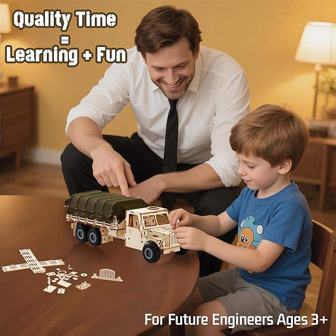 SIGHTEEDA Pull-Back Adventure Truck 3D Wooden Puzzle - 118 Pcs STEM Building Model Kit for Kids Ages 6-12 | All-Terrain Wheels & Removable Cover | Creative Gift for Kids & Teens