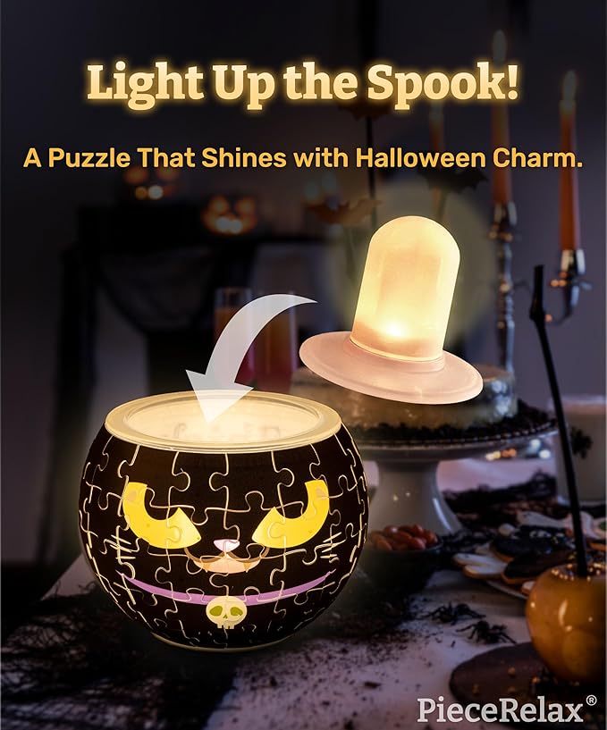 PieceRelax Halloween 3D Puzzle Candle Light 80 Pieces - LED Jack O’ Lantern - Rechargeable Plastic Pumpkins for Indoor & Outdoor Spooky Decorations, Magic Cat [KL1075]