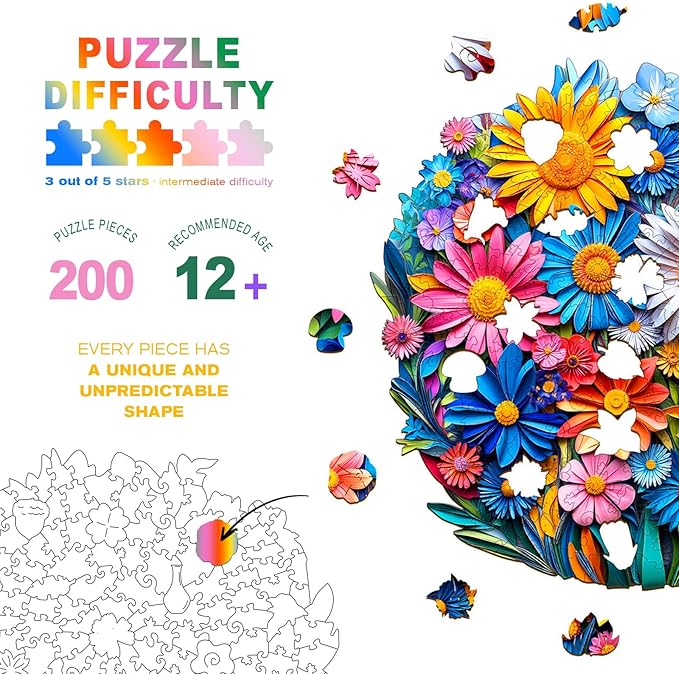 Wooden Puzzles for Adults - Paper Flower Wooden Jigsaw Puzzle - Unique Animal Shaped Wood Puzzles Adult - Christmas Birthday Gifts for Adults/Friends/Family - 200pcs 11.4 * 11.3in