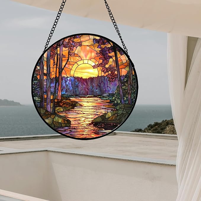 Stained Glass Window Hanging, Orange Landscape Green Purple Lake Forest Suncatcher for Doors Window Home Sun Catchers Decor Mother's Day Birthday Gifts for Women Men Mom 6.3 in