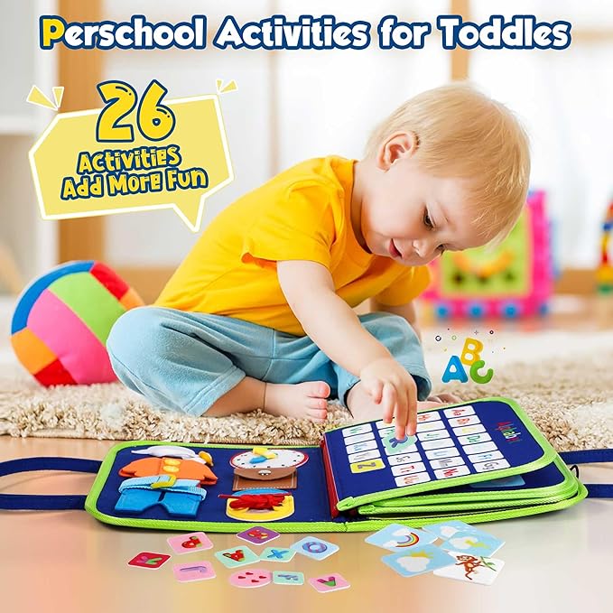 Toddler Busy Board - Montessori Toys for Toddler Boy Birthday Gift, Educational Learning Sensory Busy Book for Toddler Boys, Toddlers Activities Travel Toys for Airplane Car