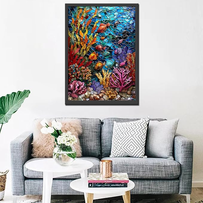 1000 Piece Jigsaw Puzzles for Adults Stained Glass Ocean Painting Jigsaw Puzzle Underwater World 1000 Pieces Puzzles Game Colorful Glass Coral Fish Wall Decor DIY Craft Puzzle Sea Ocean Landscape Art
