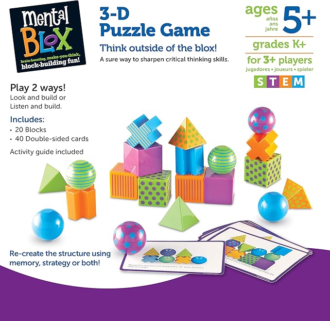 Learning Resources Mental Blox Critical Thinking Game, Homeschool, 20 Blocks, 40 Activity Cards, Ages 5+,Multicolor
