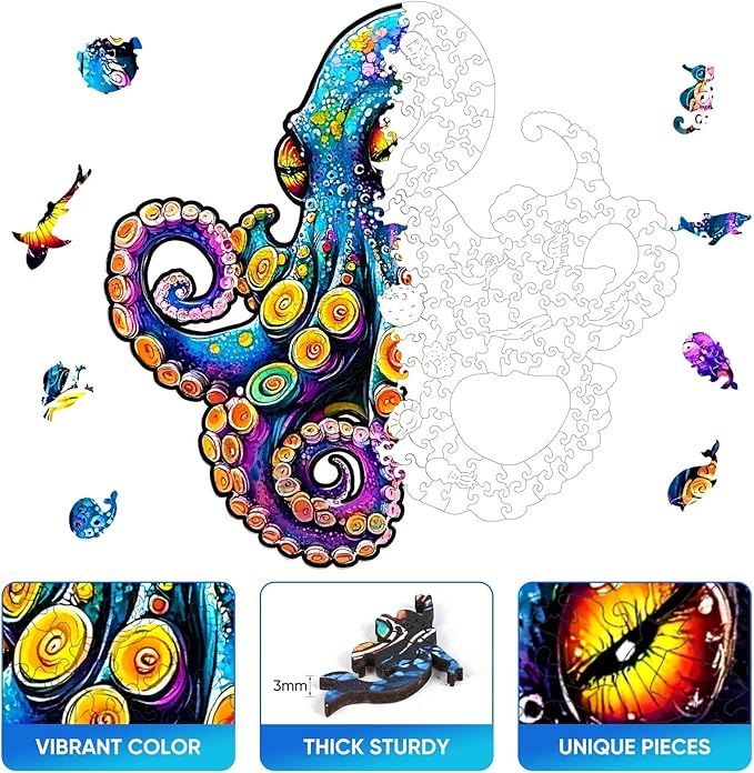 Wooden Jigsaw Puzzle, 200 Pcs Unique 3D Shape Jigsaw Puzzles, Wood Puzzle Gift Box Packing, Medium Size Letter, Creative Gift for Adults and Kids, Fun Challenging (EA4Octopus, 200PCS)