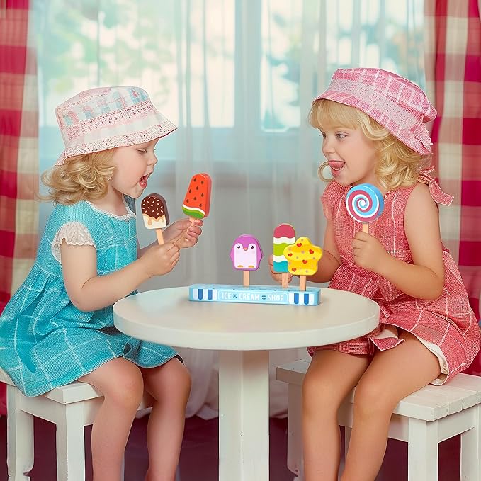 Wooden Ice Cream Toy for Kids, Toddlers Ice Lolly Pops Pretend Play Food Toys Ice Cream Shop Playset Gifts for Kids Age 3 4 5 6 Years Old