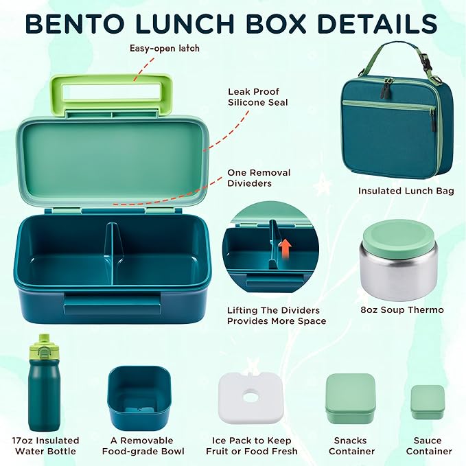 Bento Lunch Box for Kids With 8oz Thermo, Leakproof Bento Box with with 2 Compartments, Insulated Bottle, Lunch Bag, BPA Free Dishwasher Safe for School Girls Boys (Green)