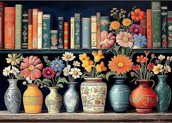 Vintage Floral Library 1000 Piece Jigsaw Puzzle for Adults Colorful Flowers in Ornate Vases Antique Books Challenging Puzzle Game for Christmas Holiday Family Night (27.6" x 19.7")