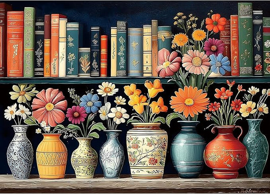 Vintage Floral Library 1000 Piece Jigsaw Puzzle for Adults Colorful Flowers in Ornate Vases Antique Books Challenging Puzzle Game for Christmas Holiday Family Night (27.6" x 19.7")