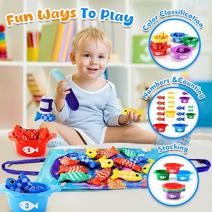 Fish Montessori Toys Gift for Baby 1 year Old 12-18 Months, 22 pcs Fishing Sorting Toy 1 2 Year Kids with Stacking Cups, Boy One Year Old Girls Easter Birthday Gift Toddler Toys for Aged 1 2