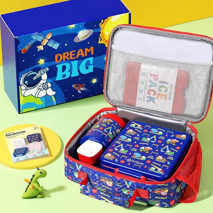 Fimibuke Kids Bento Snack Lunch Box with 4 Compartment, Insulated lunch Bag, Stainless Steel Vacuum Thermos Food Jar, Ice Pack, Utensils Set, Birthday Gift for Age 3-12 Back to School Toddler Girl Boy