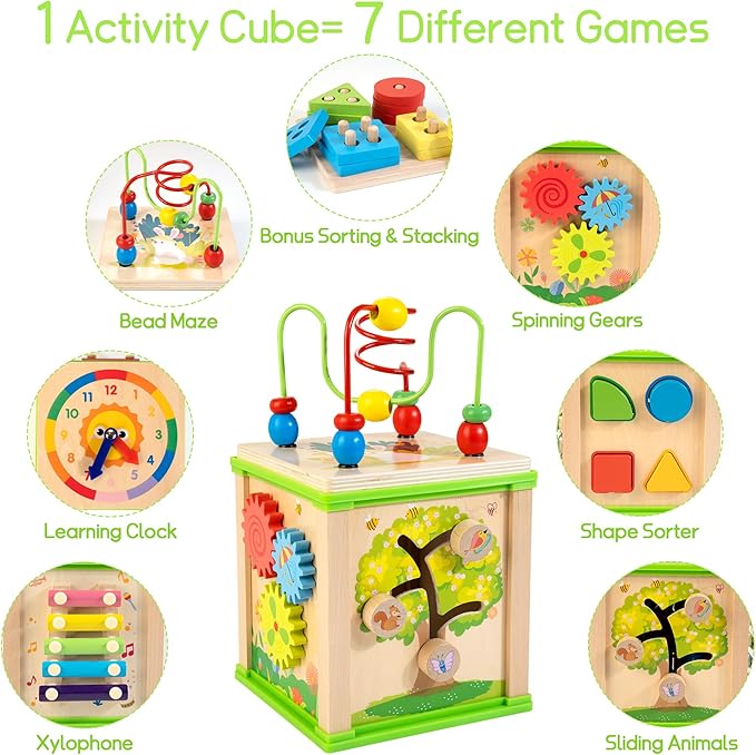 Wooden 7-in-1 Activity Cube| Montessori Toys for 1 2 3 Year Old Toddlers| Baby Educational Developmental Toys |One Year Old Boys Girls First Birthday Gifts |Bonus Sorting & Stacking Board