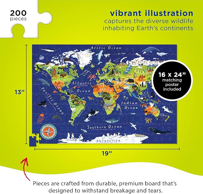 Crocodile Creek 200-Piece Jigsaw Floor Puzzle with Matching Poster - Fun Puzzles for Kids Ages 6-8 and Up - Heavy-Duty Storage Cylinder with Handle - World Map - 19" x 13" Finished