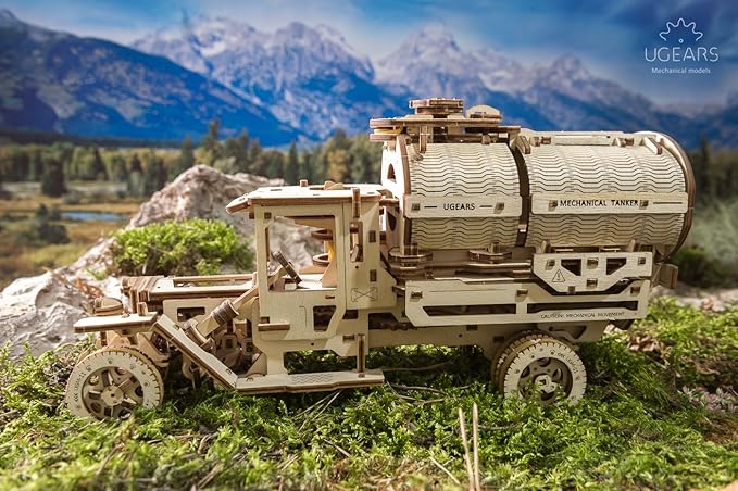 Ugears Tanker Mechanical Model Kit - DIY 3D Wooden Puzzles for Adults Truck with Working Engine - Moving 3D Puzzle Building Kits with Can Holder - Adult Puzzle Gift for Fathers Day - 594 Pcs